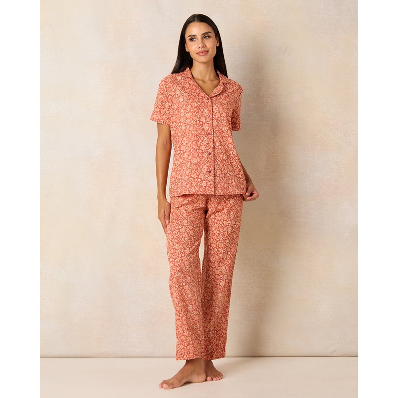 Women Orange Printed Pajama  Set (2 Piece)
