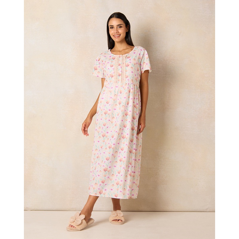 Women White Printed  Nightgown