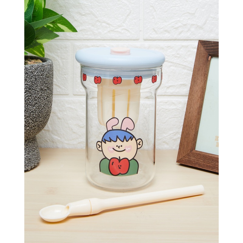 Blue Glass Mug With Silicone Straw And Lid