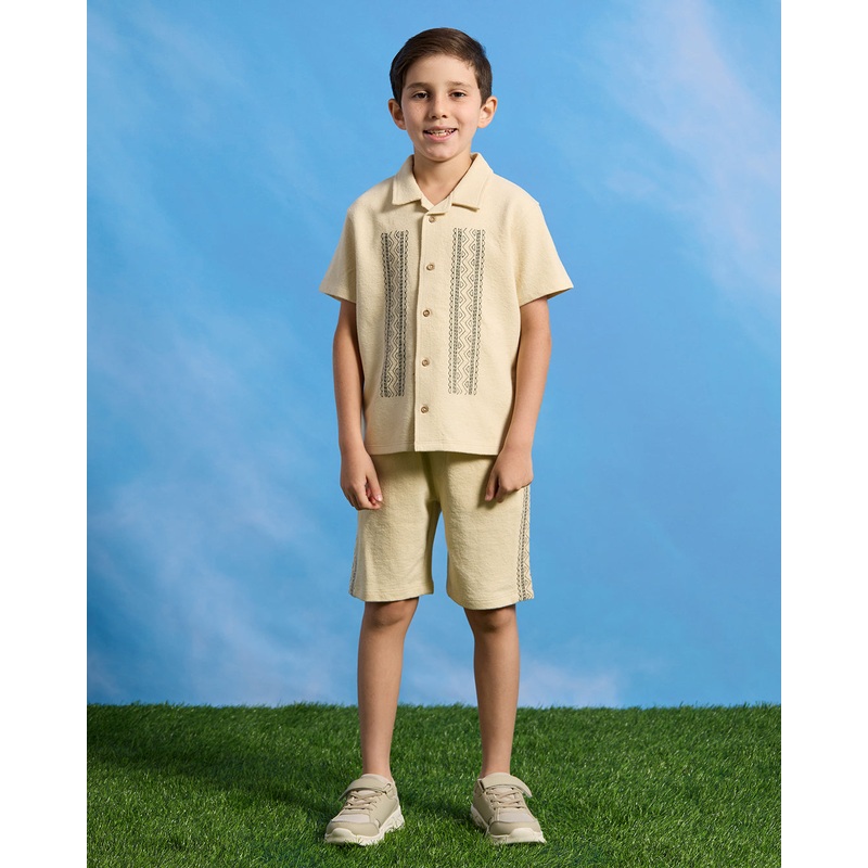 Boys Beige Embroidered Shirt And Shorts Set (2 Piece)