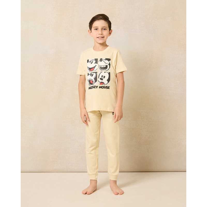 Boys Beige Mickey Mouse Print Pajama Set (2 Piece)