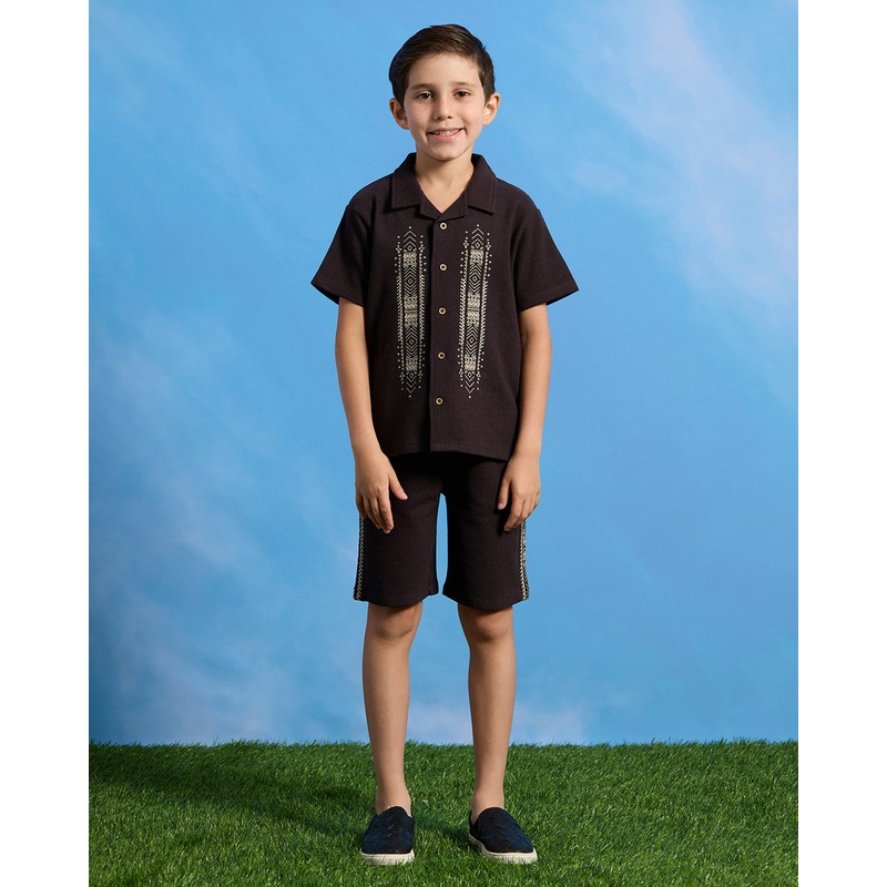 Boys Charcoal Embroidered Shirt And Shorts Set (2 Piece)
