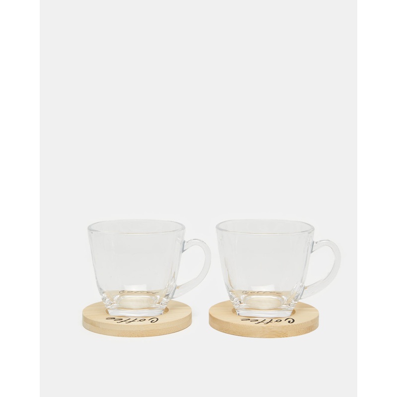 Clear Glass Cup With Bamboo Wood Coaster Set (4 Piece)