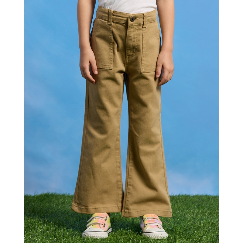 Girls Beige 4 Pockets Twill Flare Fit Casual Trouser