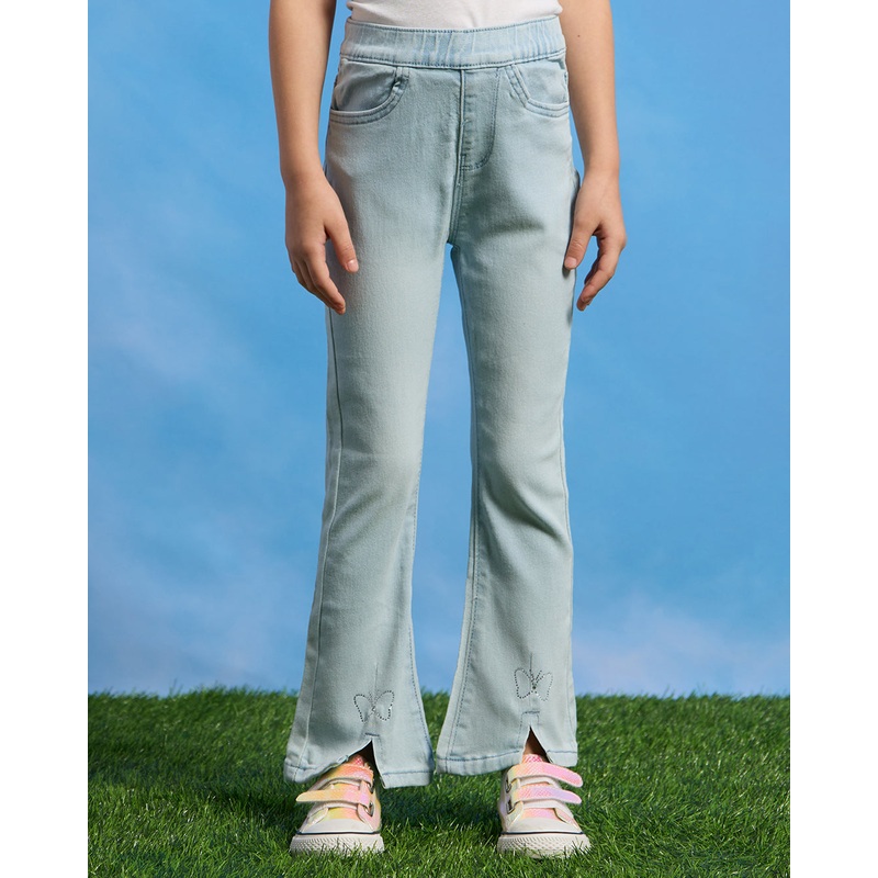 Girls Blue Flared Jeggings With Bottom Butterfly Rhinestone