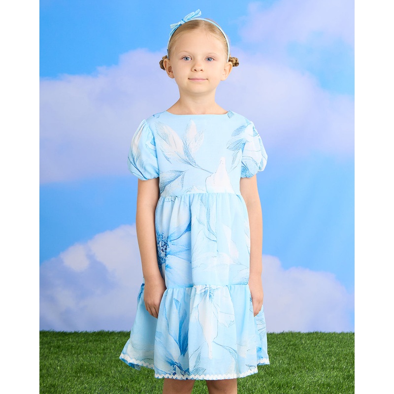 Girls Blue Floral Lace Tiered Dress With Headband (2 Piece)