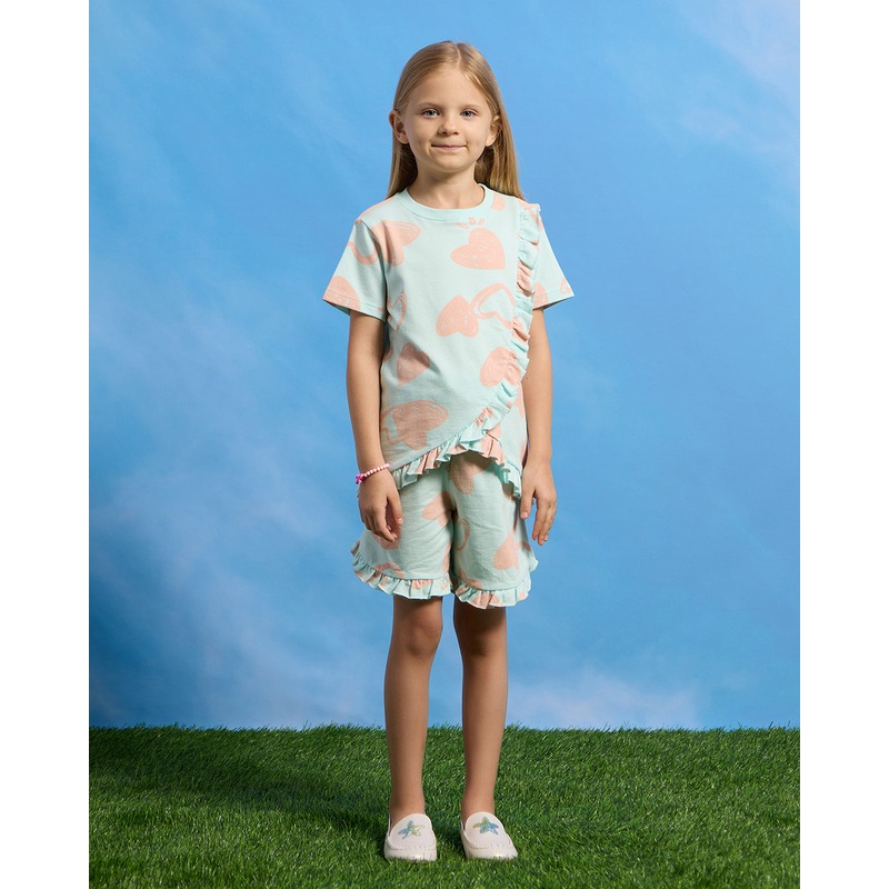 Girls Blue Heart Printed T-Shirt And Shorts Casual Set (2 Piece)