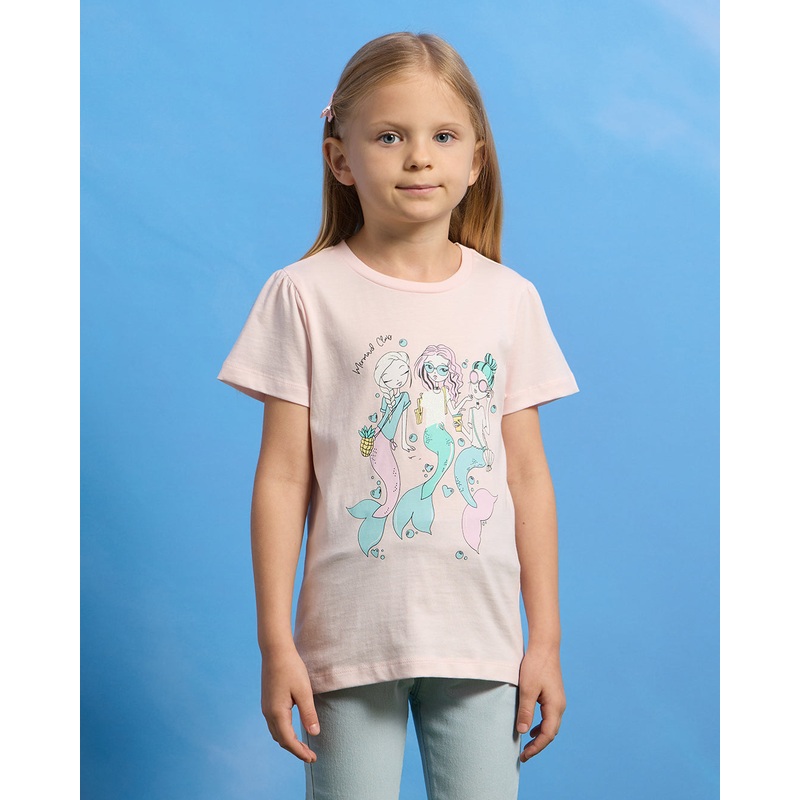 Girls Peach Mermaid Placement Print T-Shirt