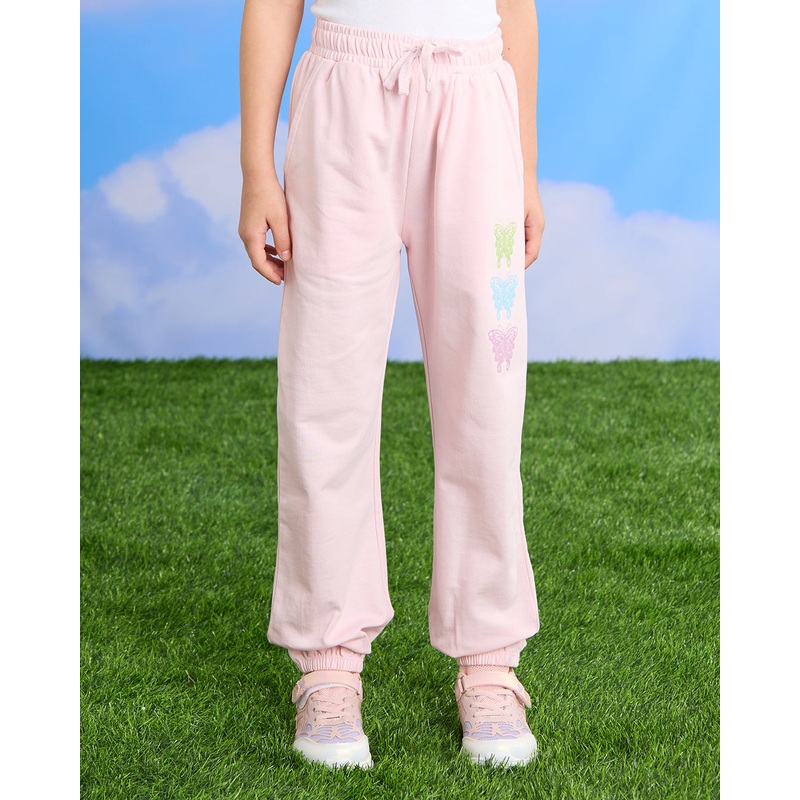 Girls Pink  Butterfly Placement Print  Active Track Pants