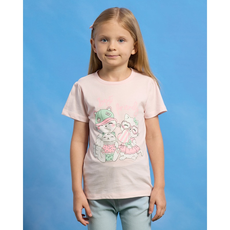 Girls Pink Cat Placement Print T-Shirt
