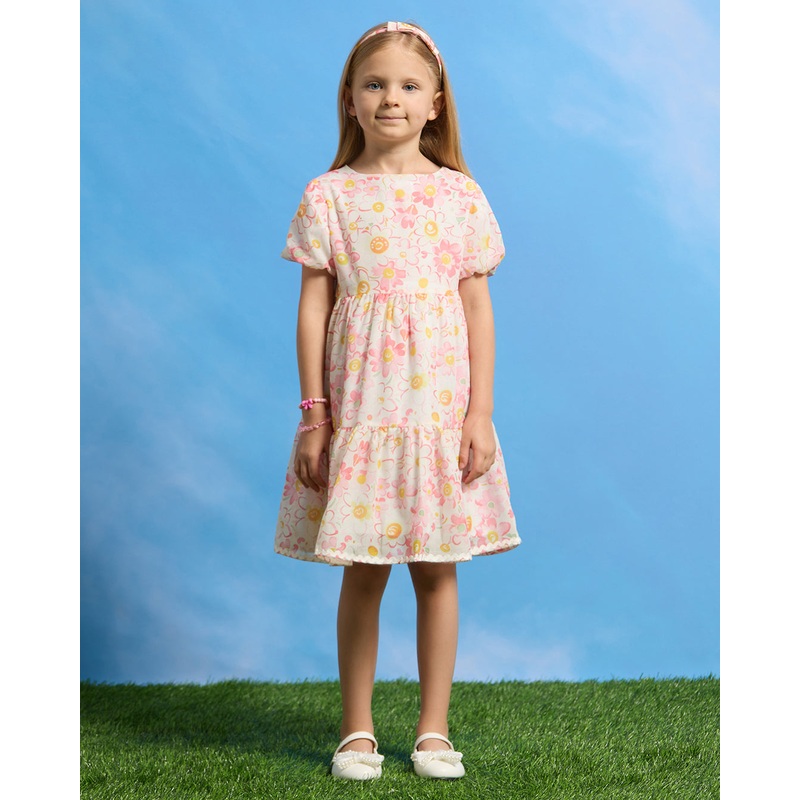 Girls Pink Floral Lace Tiered Dress With Headband (2 Piece)