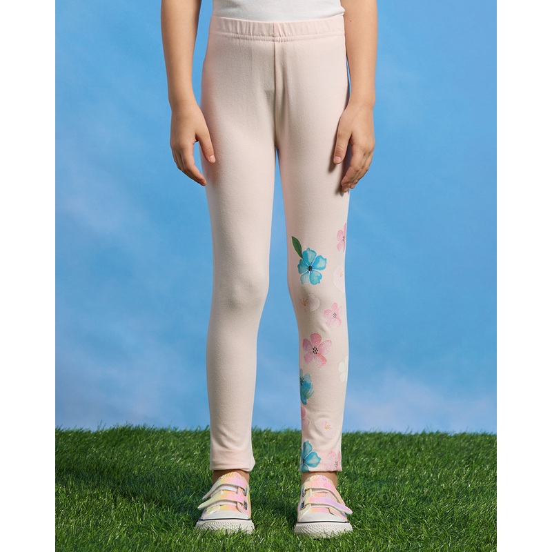 Girls Pink Floral Placement Print  Leggings