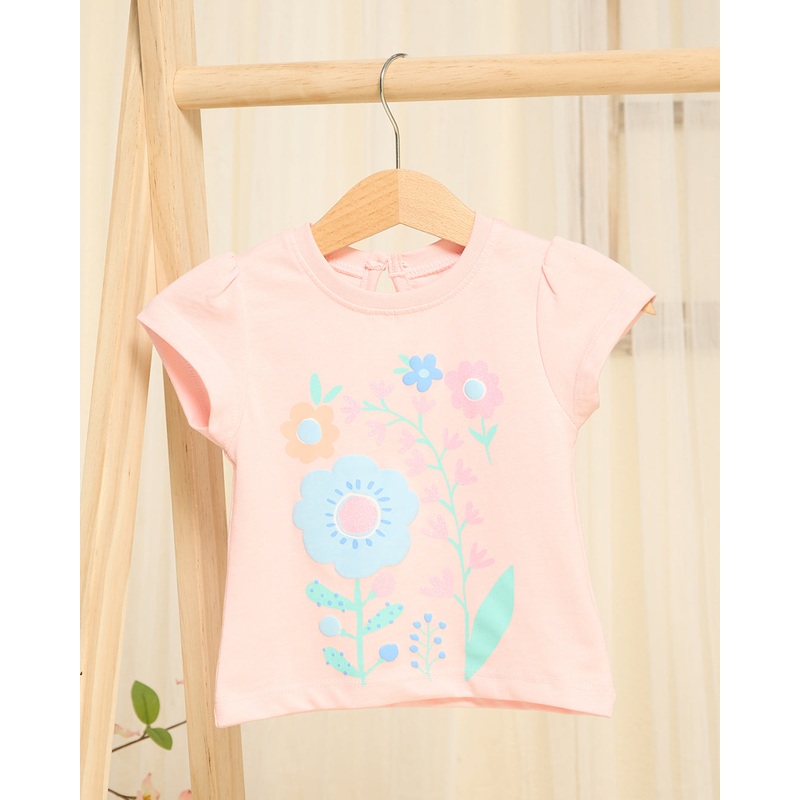 Girls Pink Floral Placement Printed T-Shirt