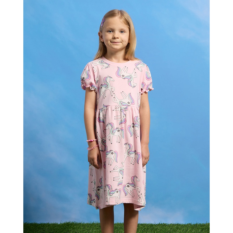 Girls Pink Pony Printed Balloon Sleeve Knit Dress