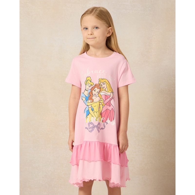 Girls Pink Princess Placement Print Nightdress With Mesh Frill