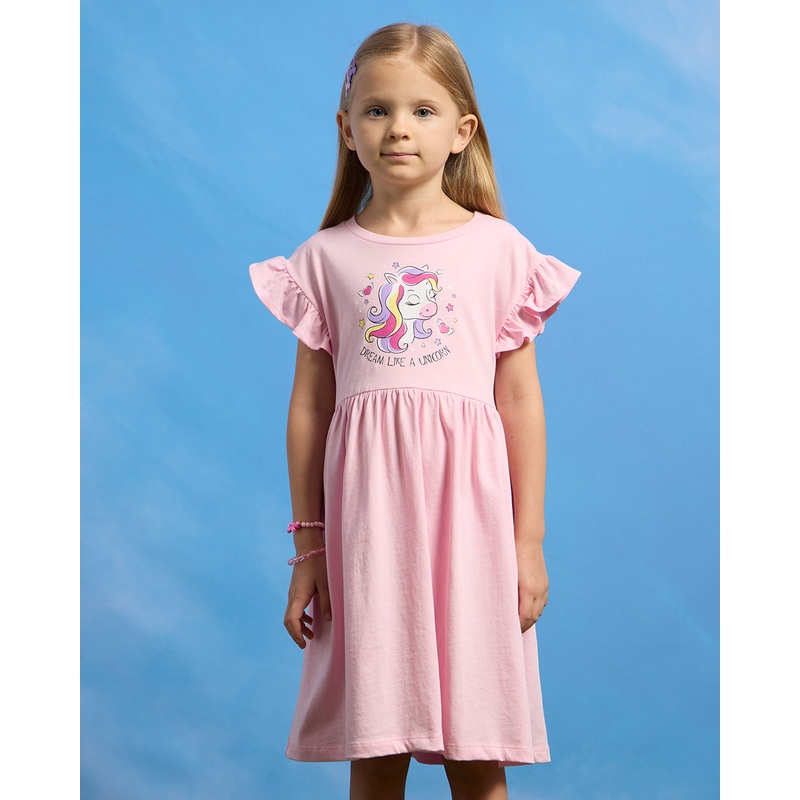 Girls Pink Unicorn Printed Dress