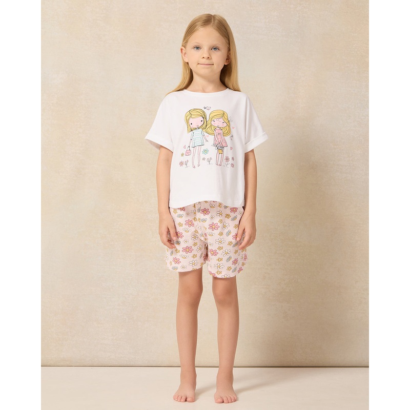 Girls White And Pink Printed T-Shirt And Shorts Casual Set (2 Piece)