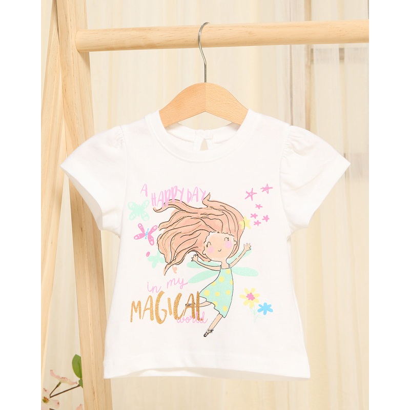 Girls White Magical World Printed T-Shirt