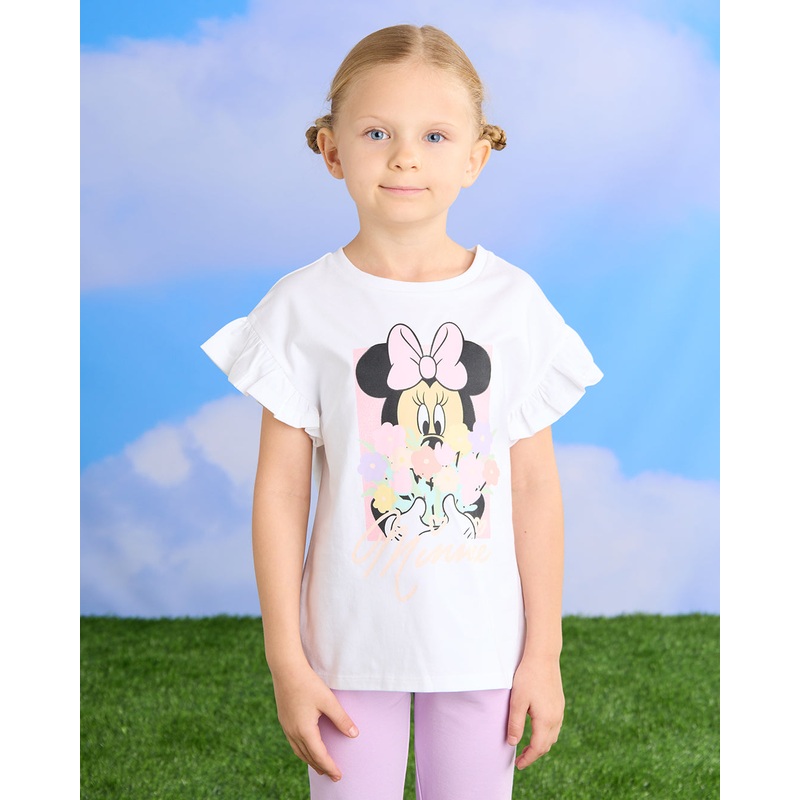 Girls White Minnie Mouse Print With Glitter  T-Shirt