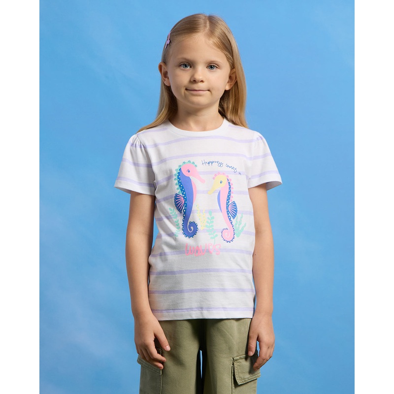 Girls White Stripe Seahorse Placement Print T-Shirt