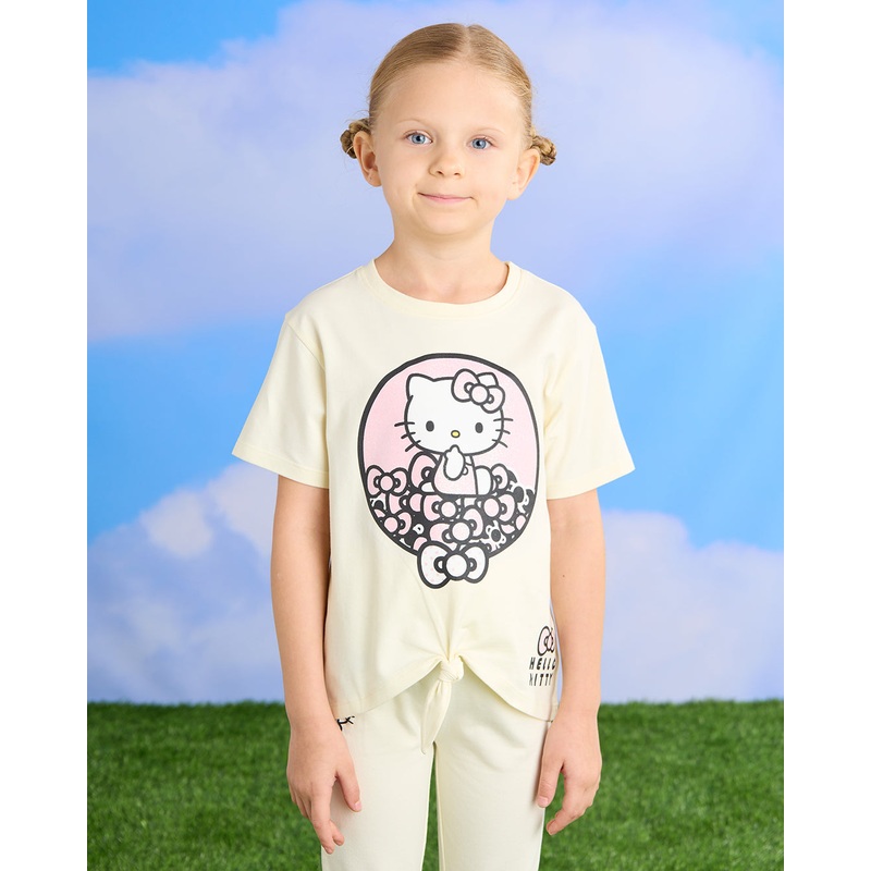 Girls Yellow Hello Kitty Puff Print Front Tie Up T-Shirt