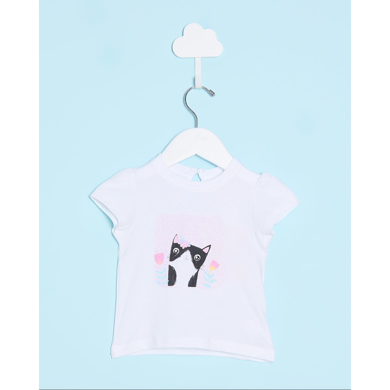Infant Girls White Cat Print T-Shirt