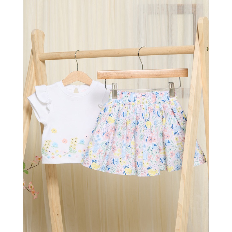 Infant Girls White Embroidered Blouse With All Over Print Poplin Skirt