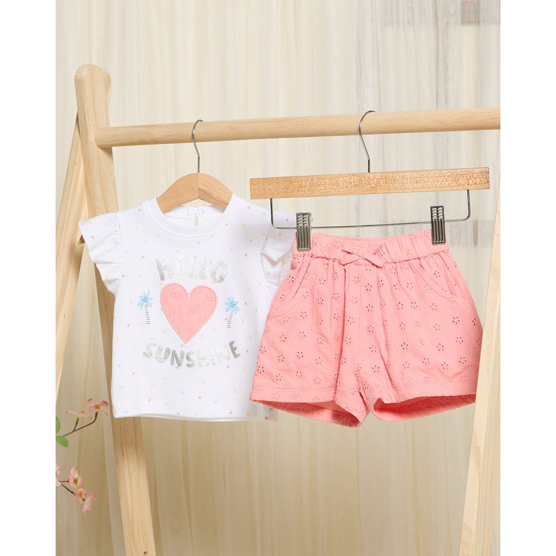 Infant Girls White Printed Top With Coral Shorts