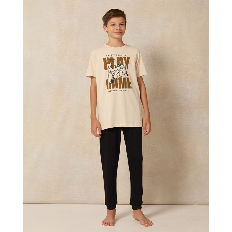 Senior Boys Beige And Black Play Game Pyjama Set (2 Piece)