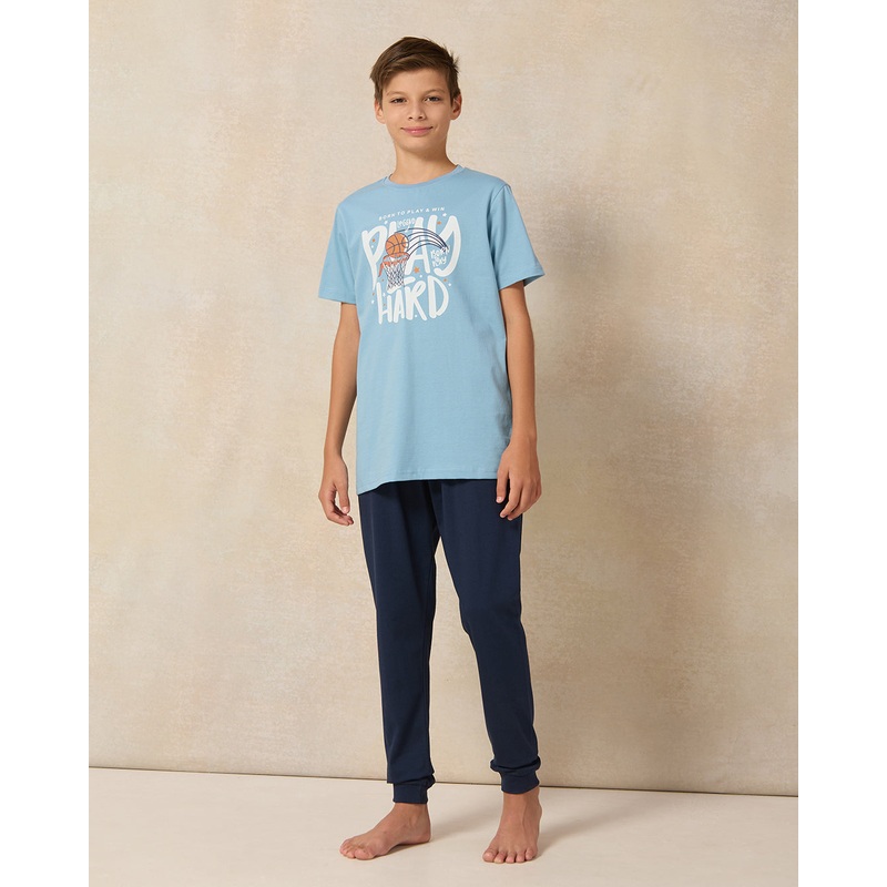 Senior Boys Blue And Navy Play Hard Pyjama Set (2 Piece)