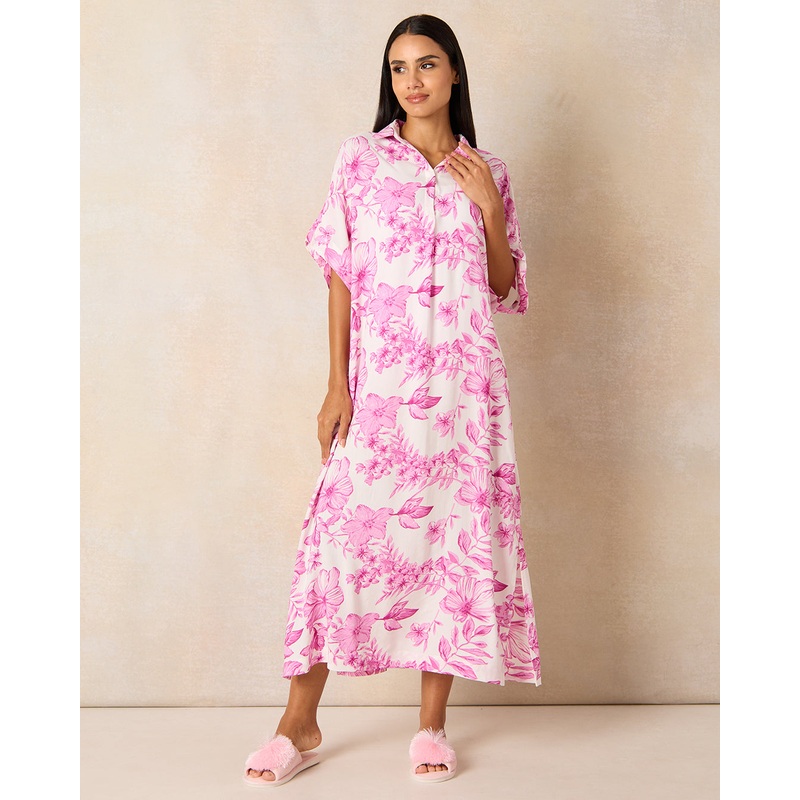 Women Pink And White Printed Nightgown