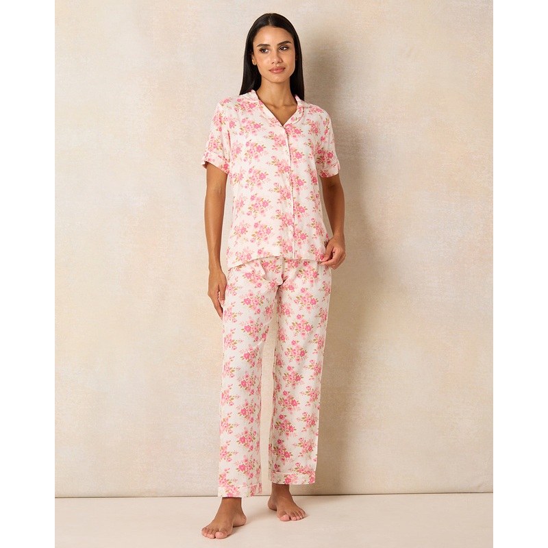 Women Pink And White  Printed Pyjama Set (2 Piece)