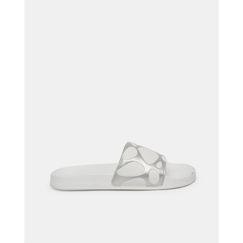 Women White And Sliver Printed Slide