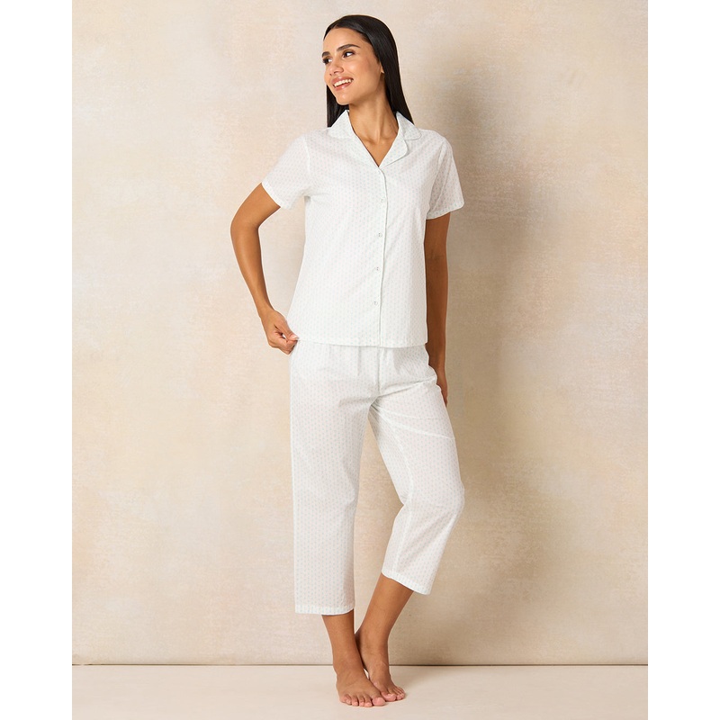 Women White Collared Pyjama Set (2 Piece)