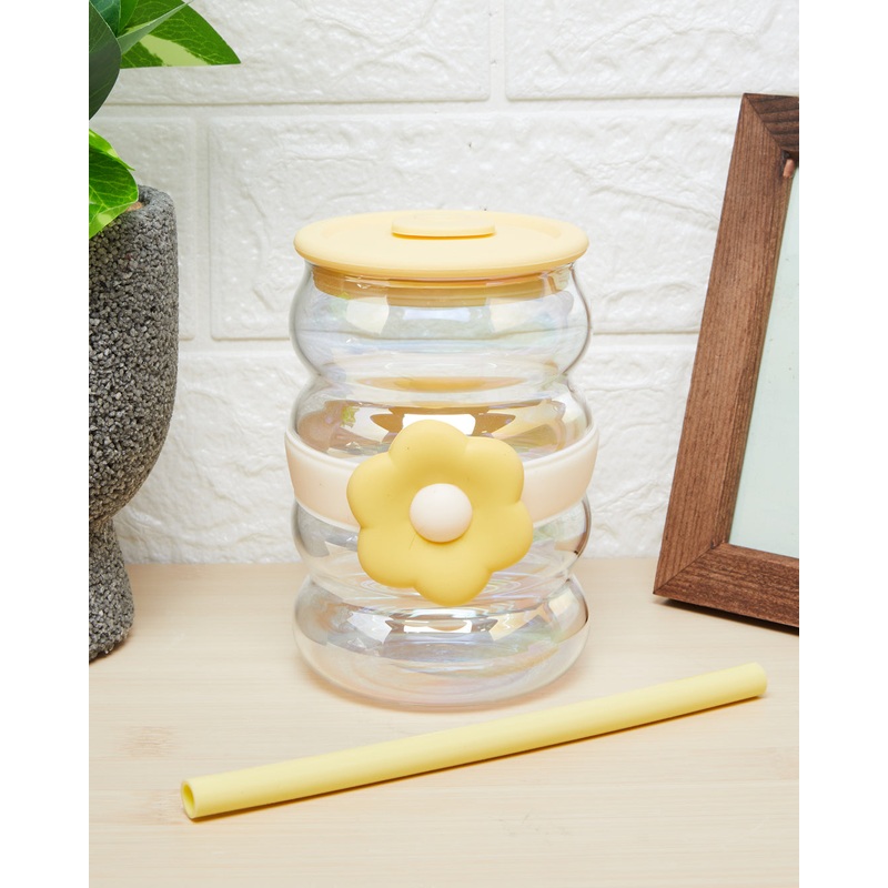 Yellow Glass Mug With Silicone Straw And Lid