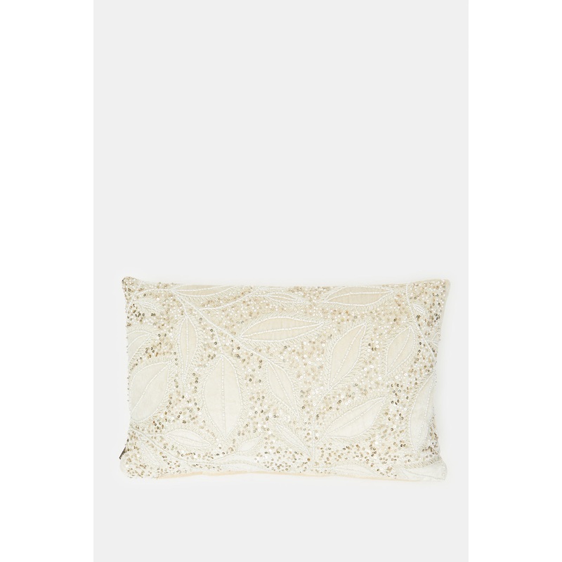 Beige Leaves Embroidery Cushion