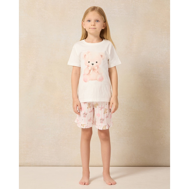 Girls White Teddy Bear Print Pyjama Set (2 Piece)