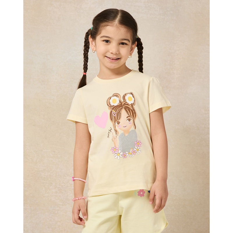 Girls Yellow Placement Print T-Shirt