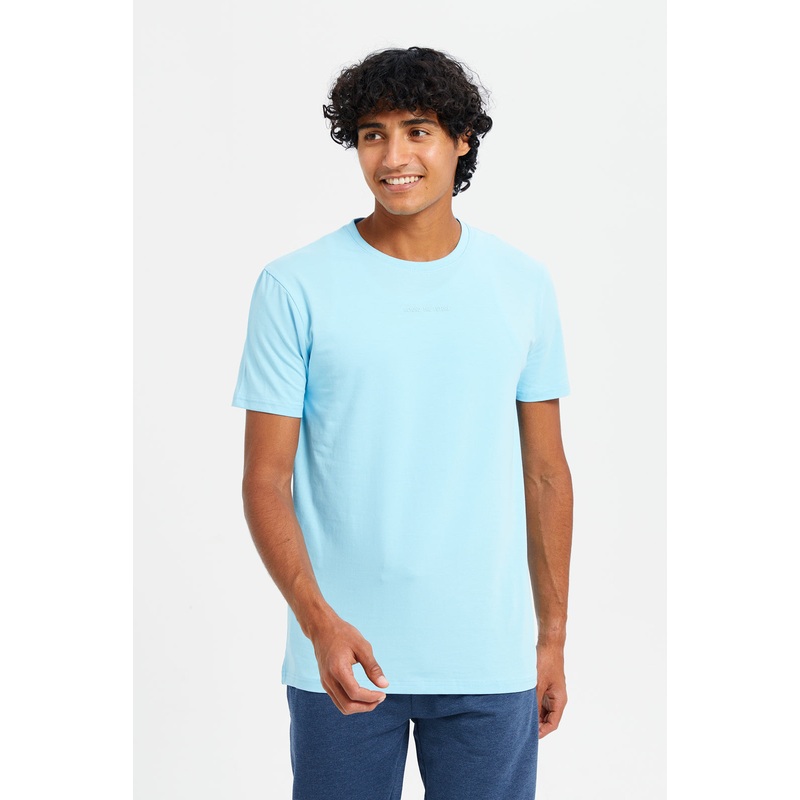 Men Blue Cotton Elastane Round New T-Shirt