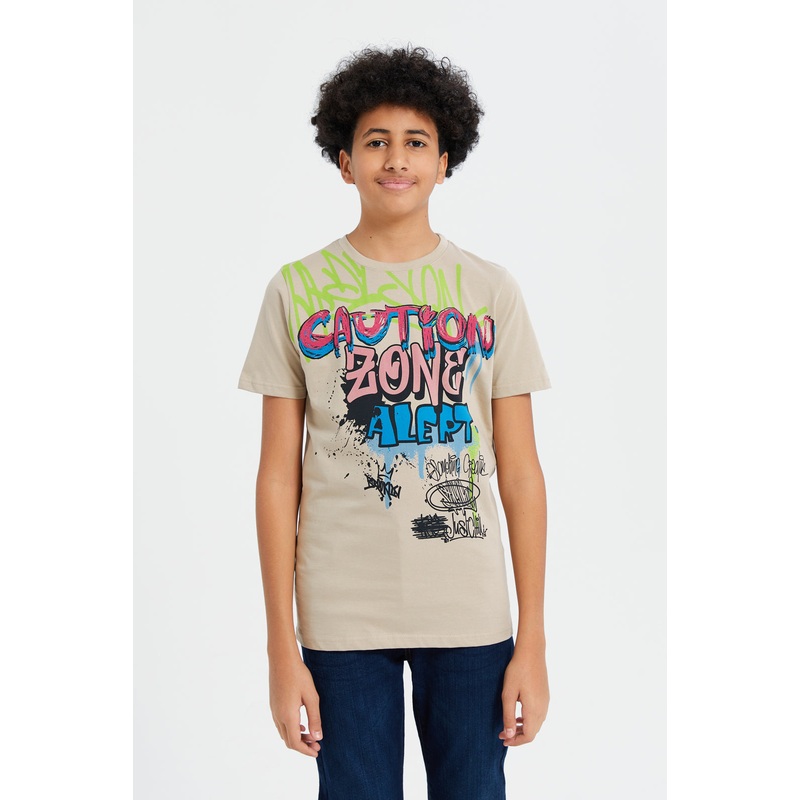 Senior Boys Beige Caution Zone Graffiti T-Shirt