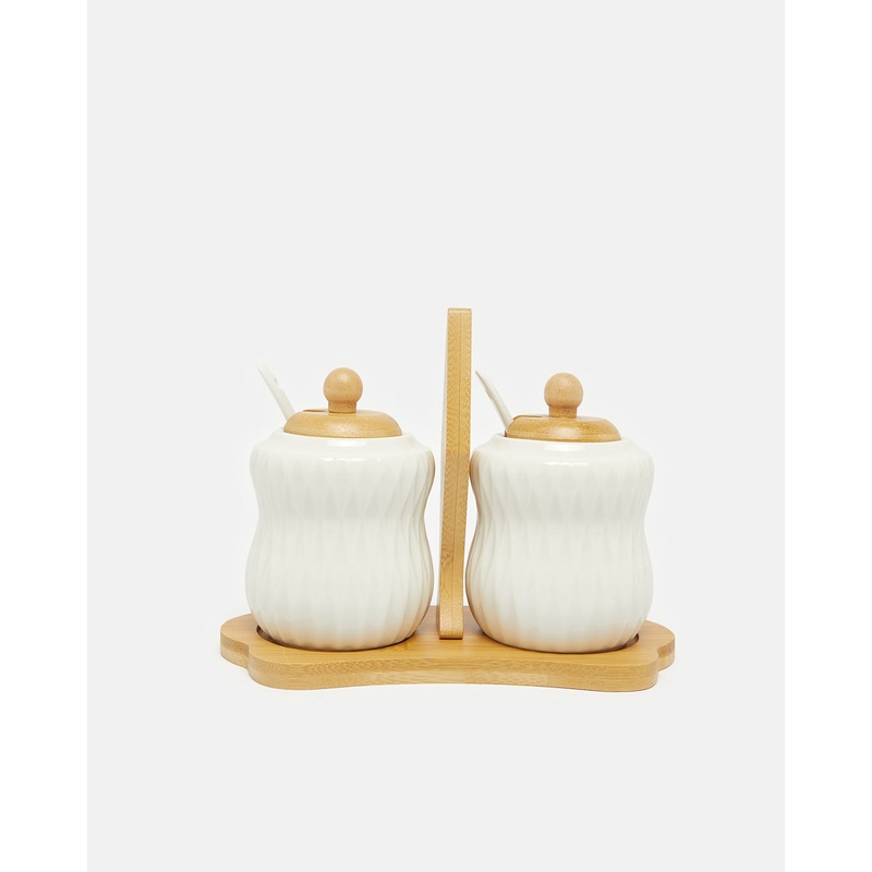 White Embossed Spice Set With Stand (3 Piece)