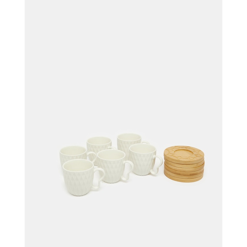 White Embossed Tea Set With Bamboo Coaster (12 Piece)