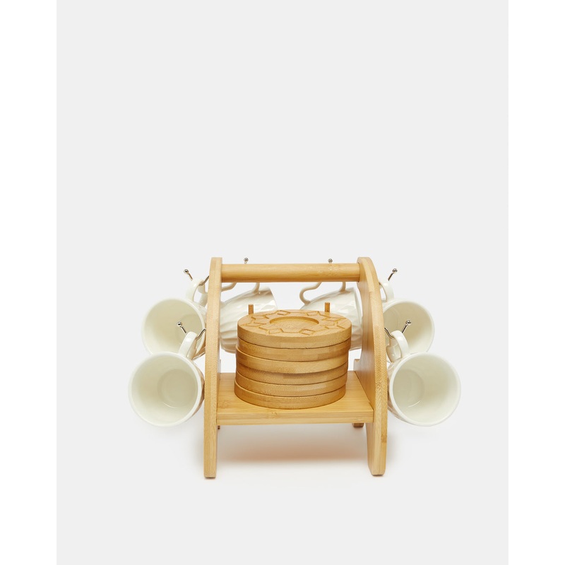 White Embossed Tea Set With Bamboo Stand (13 Piece)