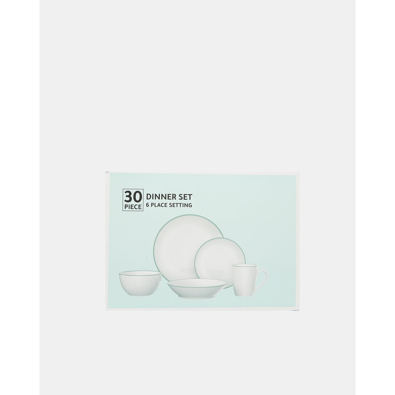 White Round Dinner With Green Color Rim Set (30 Piece)