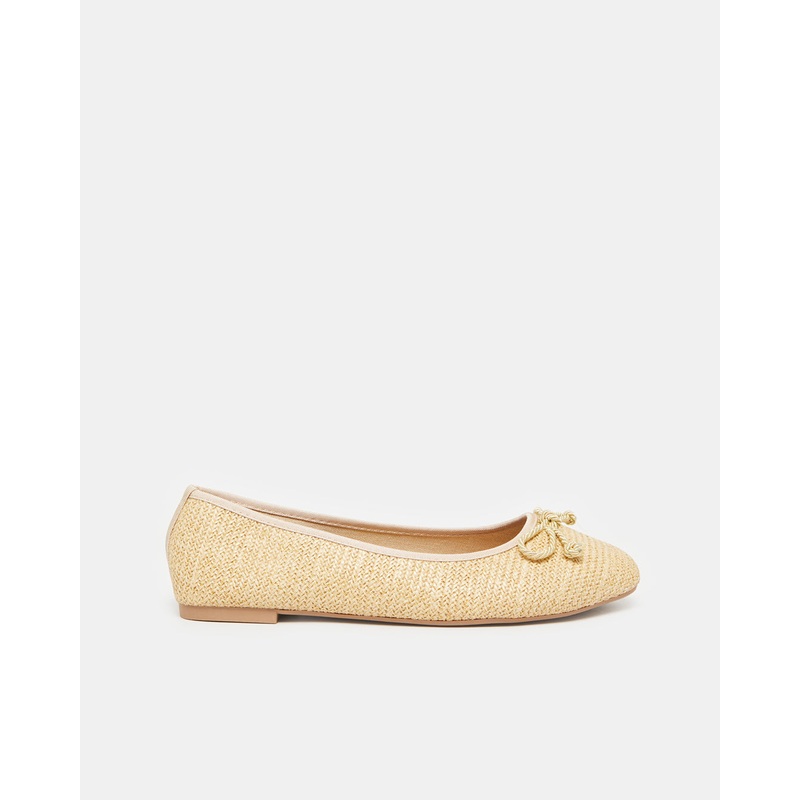Women Beige Textured Ballerina With Gold Bow Trim