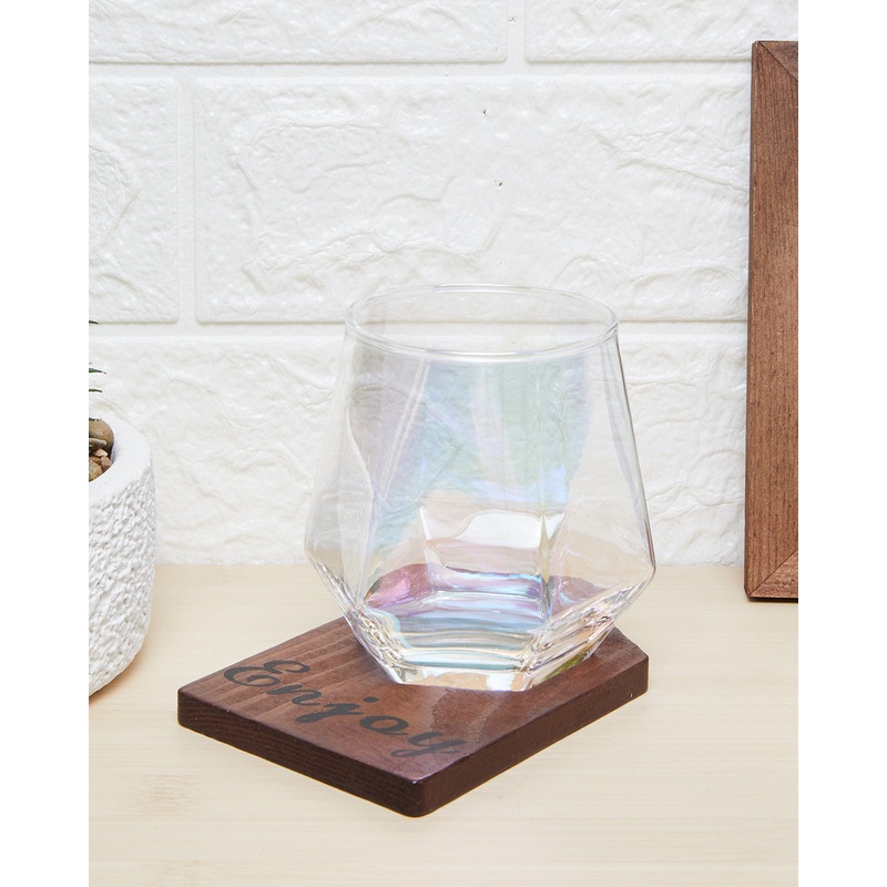 Clear Embellished Glass Cup With Wooden Coaster Set ( 2 Piece)