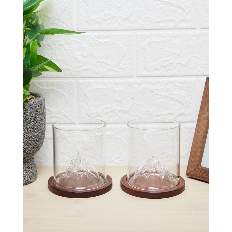 Clear Embellished  Glass Cup With Wooden Coaster Set ( 4 Piece)