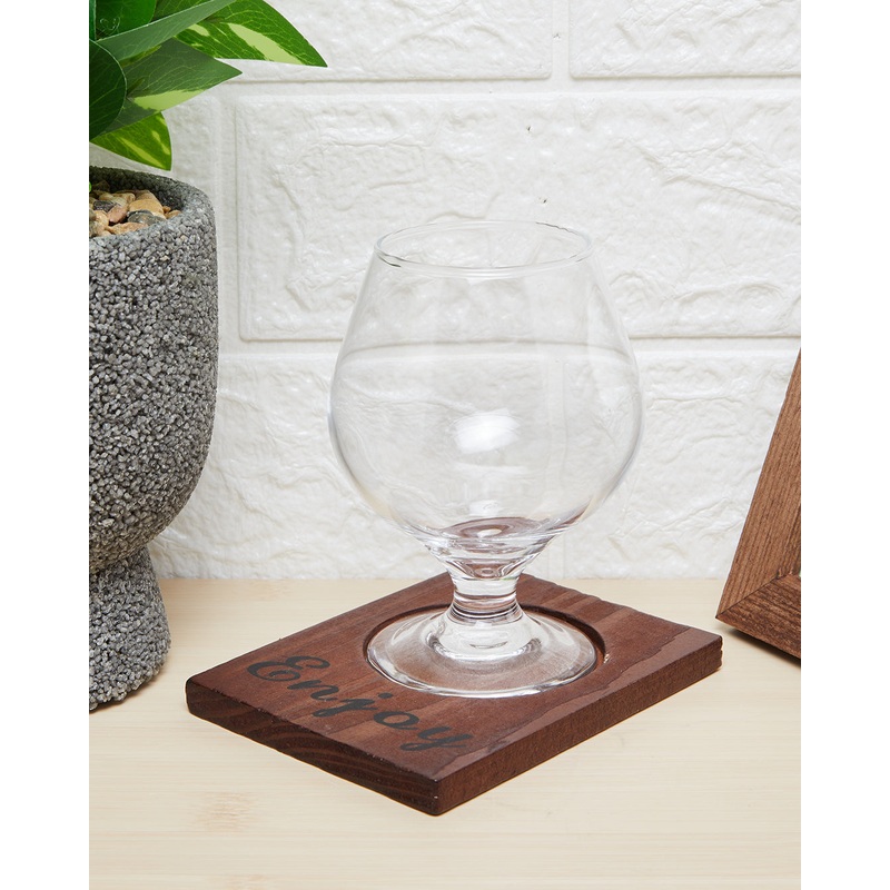 Clear Glass Cup With Wooden Coaster Set ( 2 Piece)