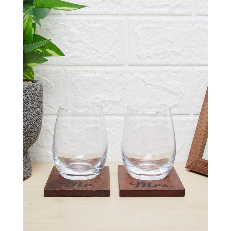 Clear Glass Cup With Wooden Coaster Set ( 4 Piece)