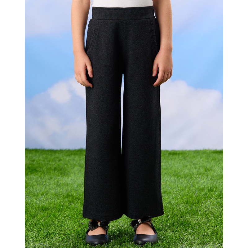 Girls Black Pleated Interlock  Wide leg Trousers
